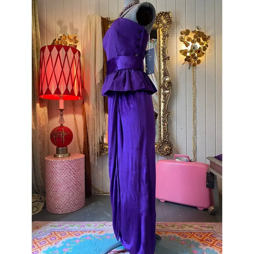 vintage 1970s 3 piece set, purple velvet maxi skirt, peplum bustier, 70s formal